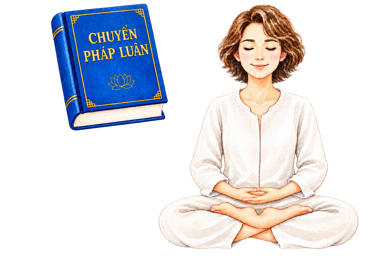 Cuốn Chuyển Pháp Luân bên cạnh cô gái đang ngồi thiền